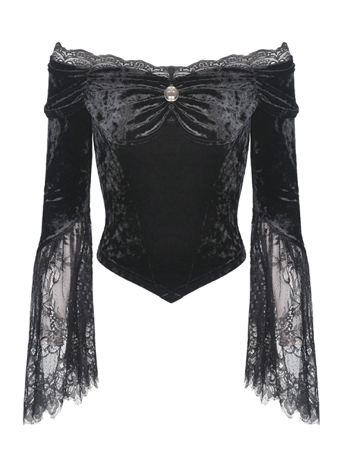 Victorian Elegant Gothic Black Lace Velvet Splicing Top