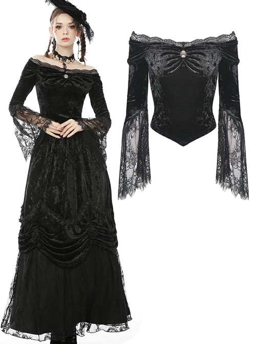 Victorian Elegant Gothic Black Lace Velvet Splicing Top
