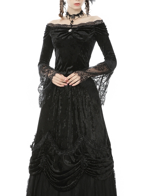 Victorian Elegant Gothic Black Lace Velvet Splicing Top