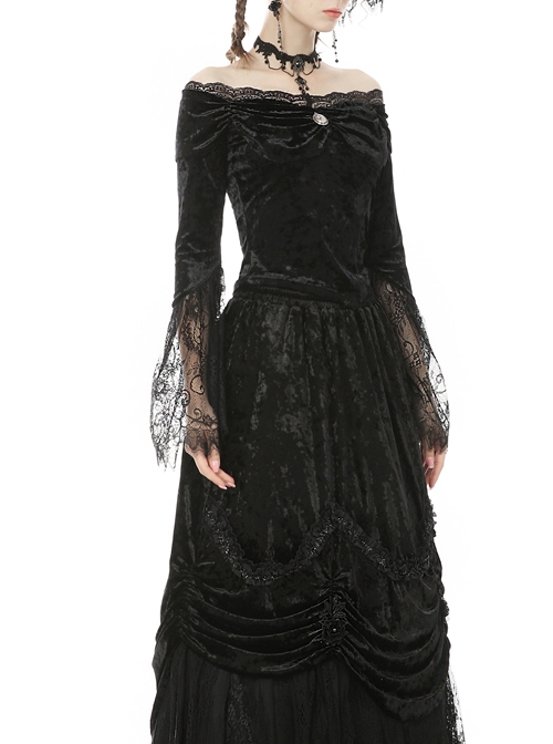 Victorian Elegant Gothic Black Lace Velvet Splicing Top