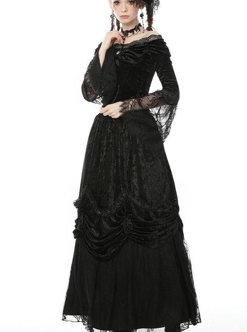 Victorian Elegant Gothic Black Lace Velvet Splicing Top