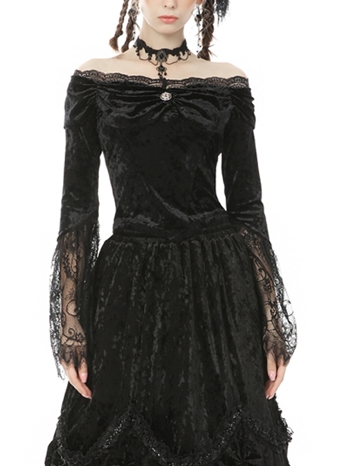 Victorian Elegant Gothic Black Lace Velvet Splicing Top