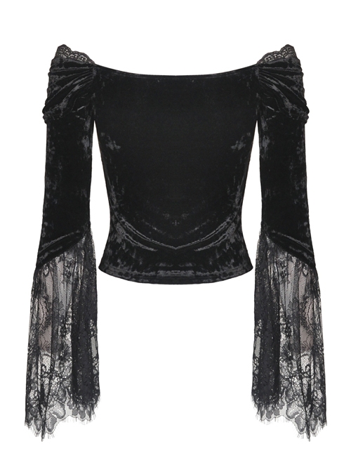Victorian Elegant Gothic Black Lace Velvet Splicing Top
