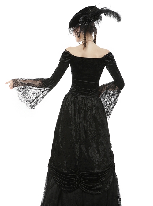 Victorian Elegant Gothic Black Lace Velvet Splicing Top