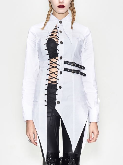 Gothic White Lapel Irregular Hem Slim Micro-elastic Lace-up Long-Sleeve Shirt