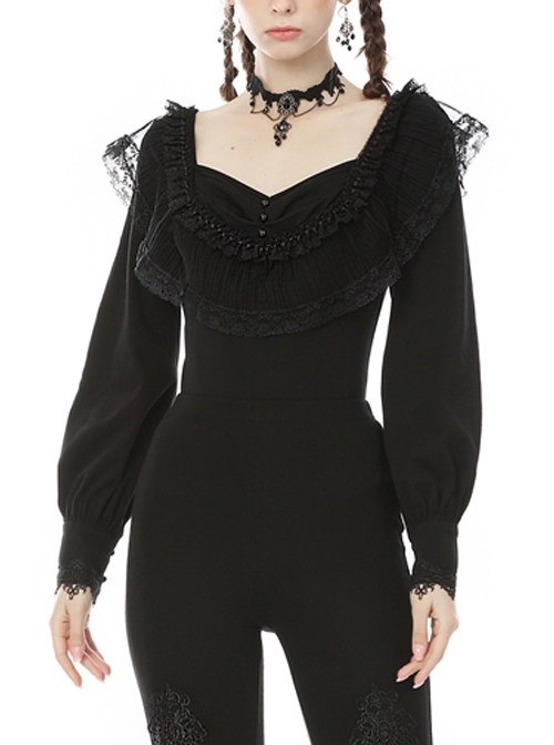 Gothic Black Retro Square Neck Ruffle Long Sleeve Top