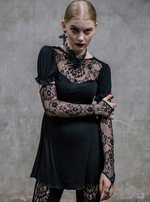 Gothic Black Lace Slim Short Sleeve Shirt Collocation Detachable Oversleeve And Necklace