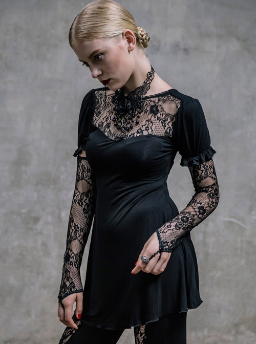 Gothic Black Lace Slim Short Sleeve Shirt Collocation Detachable Oversleeve And Necklace