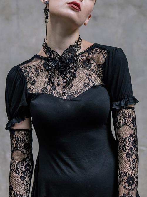 Gothic Black Lace Slim Short Sleeve Shirt Collocation Detachable Oversleeve And Necklace