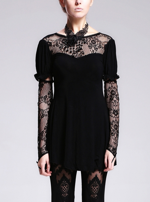 Gothic Black Lace Slim Short Sleeve Shirt Collocation Detachable Oversleeve And Necklace