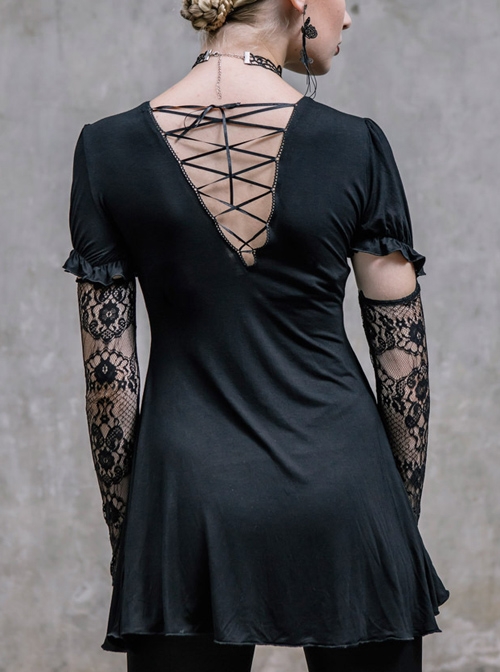 Gothic Black Lace Slim Short Sleeve Shirt Collocation Detachable Oversleeve And Necklace