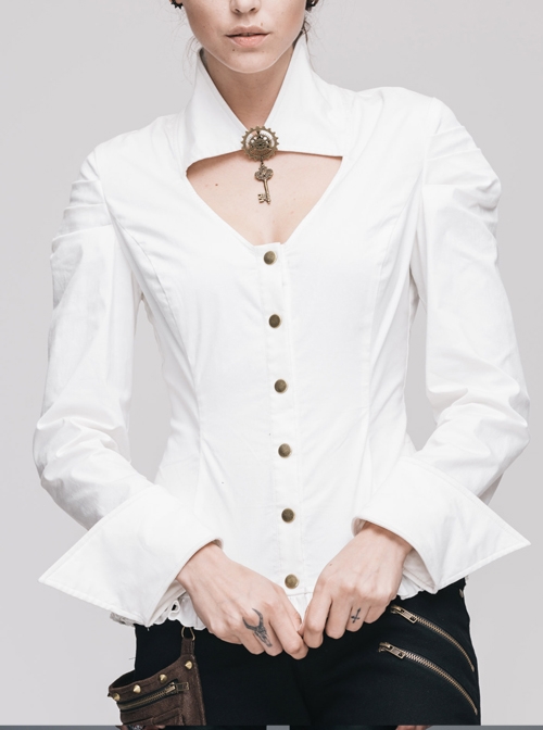 Gothic White Lapel Hollow Out V-neck Long Sleeve Shirt With Key Pendant Brooch