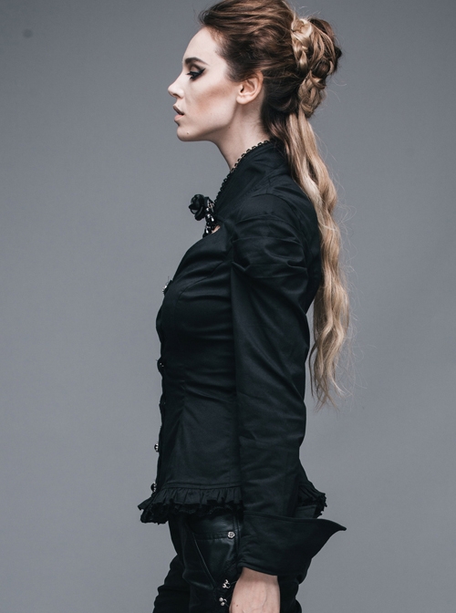 Gothic Chest Hollow Out Black Ruffle Hem Long Sleeve Shirt