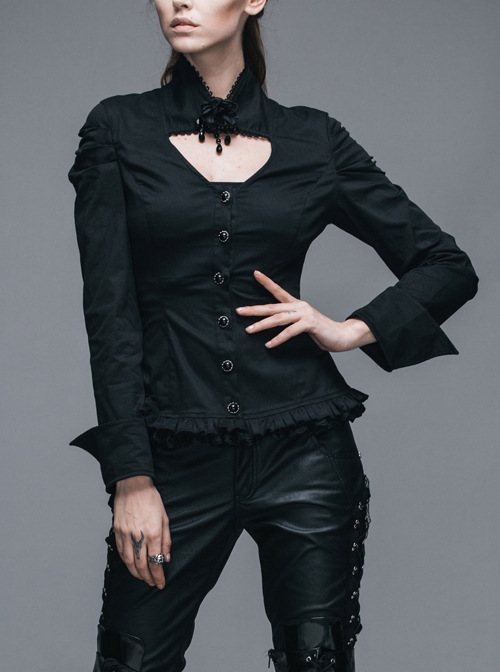 Gothic Chest Hollow Out Black Ruffle Hem Long Sleeve Shirt