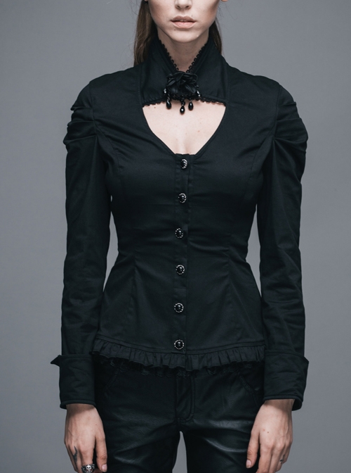 Gothic Chest Hollow Out Black Ruffle Hem Long Sleeve Shirt
