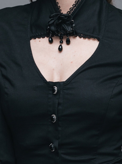 Gothic Chest Hollow Out Black Ruffle Hem Long Sleeve Shirt