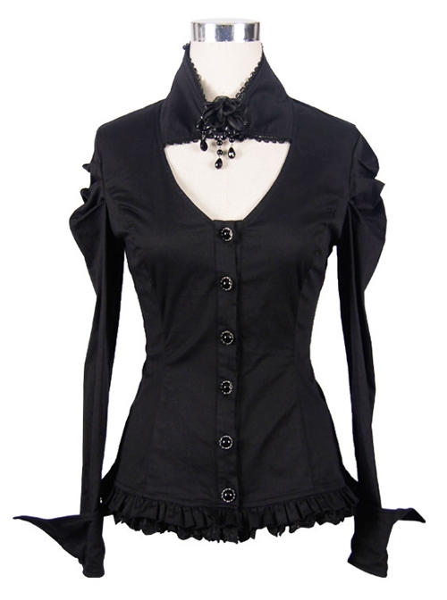 Gothic Chest Hollow Out Black Ruffle Hem Long Sleeve Shirt