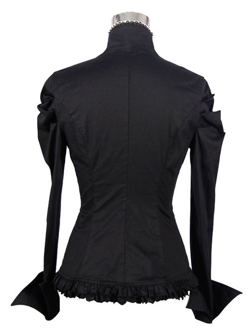 Gothic Chest Hollow Out Black Ruffle Hem Long Sleeve Shirt