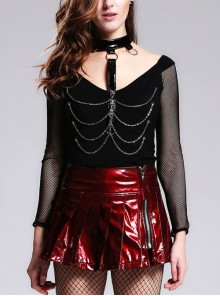 Gothic Black V-collar Slim Long Sleeve Shirt With The Detachable Chain