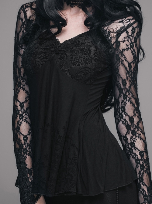 Gothic Black Slim V Collar Backless Lace Long Sleeve Shirt