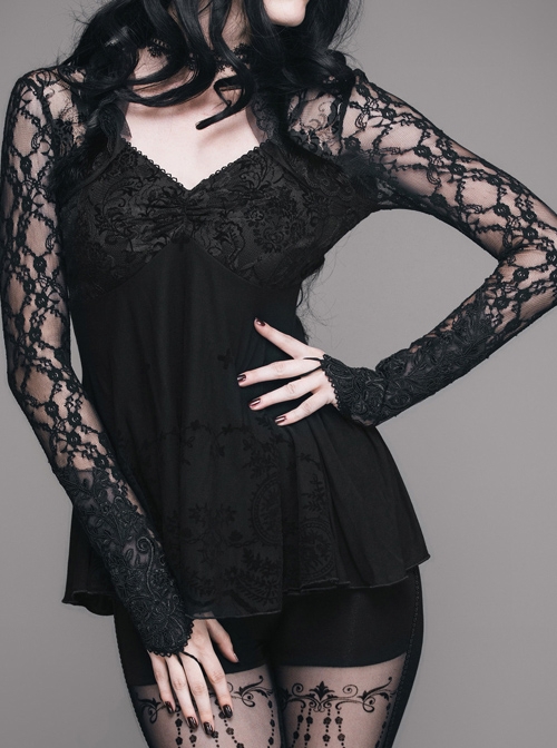 Gothic Black Slim V Collar Backless Lace Long Sleeve Shirt