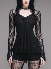 Gothic Black Slim V Collar Backless Lace Long Sleeve Shirt