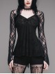 Gothic Black Slim V Collar Backless Lace Long Sleeve Shirt