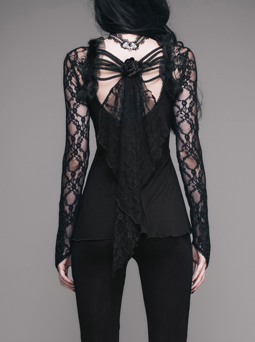 Gothic Black Slim V Collar Backless Lace Long Sleeve Shirt