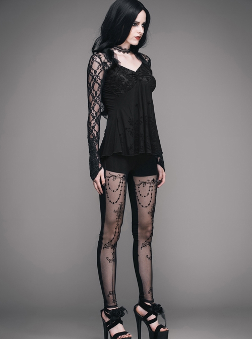 Gothic Black Slim V Collar Backless Lace Long Sleeve Shirt