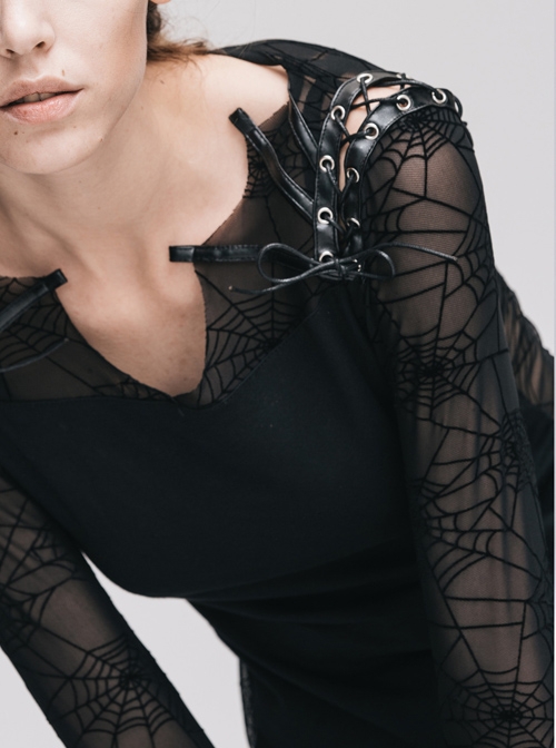 Gothic Slim Black Lace Spider Web Print Long Sleeve Shirt