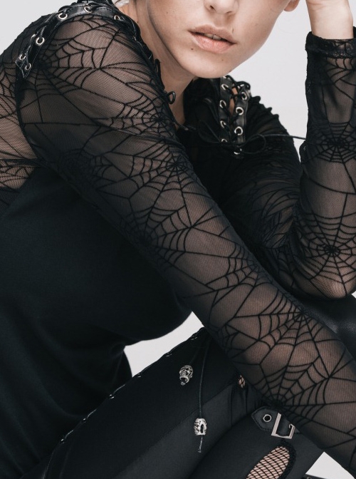 Gothic Slim Black Lace Spider Web Print Long Sleeve Shirt