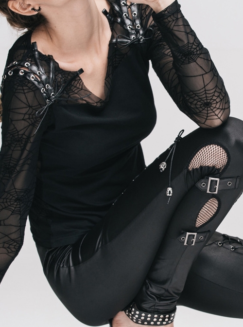 Gothic Slim Black Lace Spider Web Print Long Sleeve Shirt