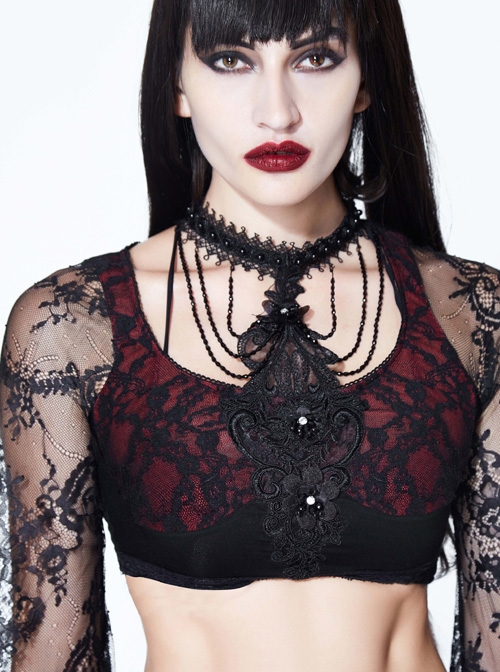 Gothic Sexy Black Lace Women's Super Short Openwork Sunscreen Long Sleeve Shirt