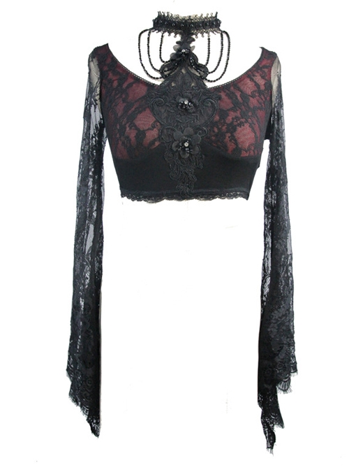 Gothic Sexy Black Lace Women's Super Short Openwork Sunscreen Long Sleeve Shirt