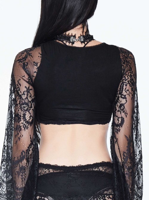 Gothic Sexy Black Lace Women's Super Short Openwork Sunscreen Long Sleeve Shirt