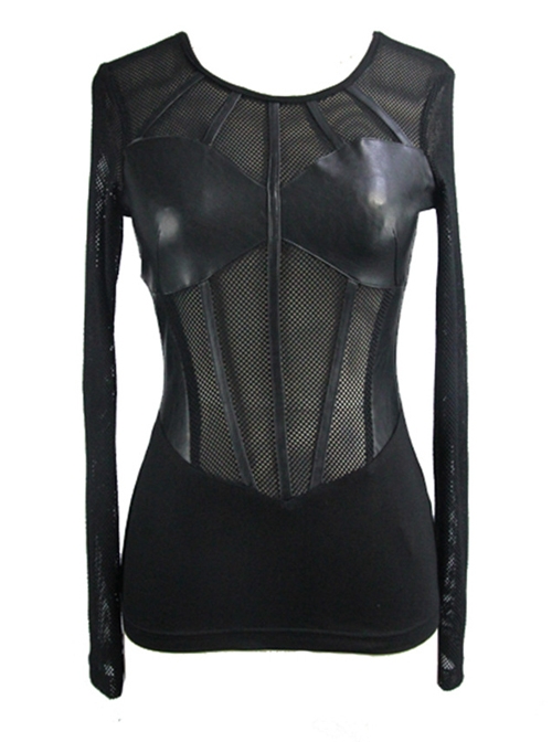 Gothic Black Punk Slim perspective Sexy Long Sleeve T-Shirt