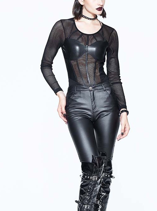 Gothic Black Punk Slim perspective Sexy Long Sleeve T-Shirt