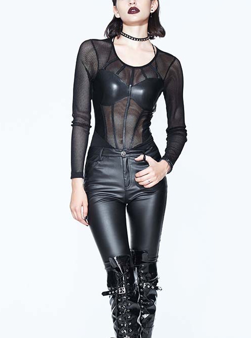 Gothic Black Punk Slim perspective Sexy Long Sleeve T-Shirt