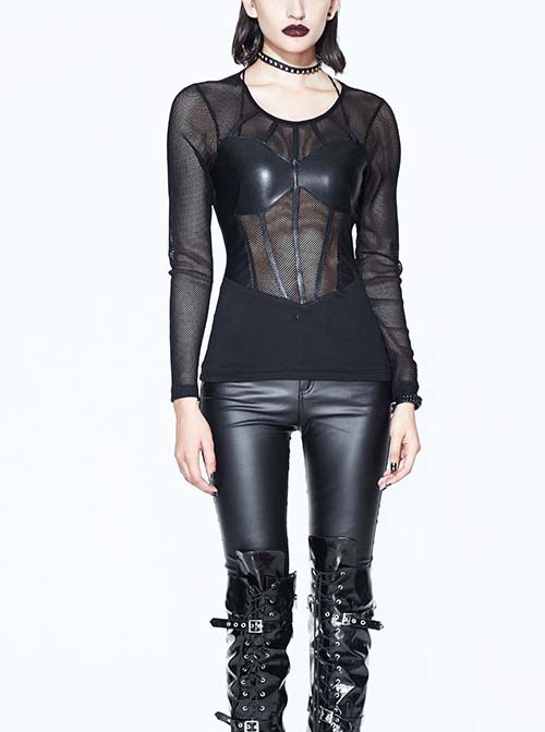 Gothic Black Punk Slim perspective Sexy Long Sleeve T-Shirt