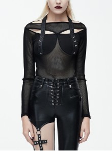 Gothic Black Mesh Yarn Perspective Sexy Backless Long Sleeve T-Shirt