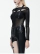Gothic Black Mesh Yarn Perspective Sexy Backless Long Sleeve T-Shirt