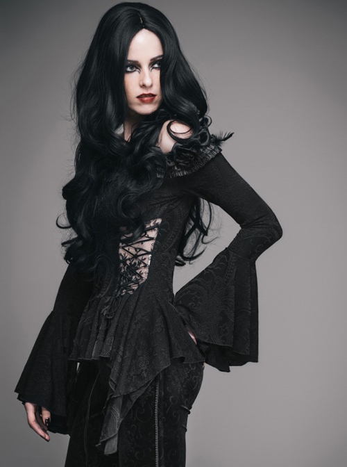 Gothic Flowers Collar Black Sexy Women's Off Shoulder Long Trumpet Sleeves T-shirt