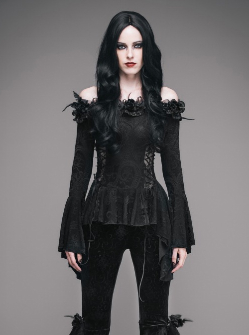 Gothic Flowers Collar Black Sexy Women's Off Shoulder Long Trumpet Sleeves T-shirt