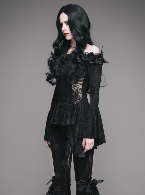 Gothic Flowers Collar Black Sexy Women's Off Shoulder Long Trumpet Sleeves T-shirt
