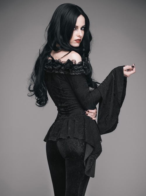 Gothic Flowers Collar Black Sexy Women's Off Shoulder Long Trumpet Sleeves T-shirt