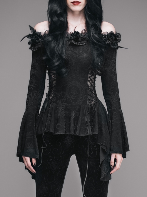 Gothic Flowers Collar Black Sexy Women's Off Shoulder Long Trumpet Sleeves T-shirt
