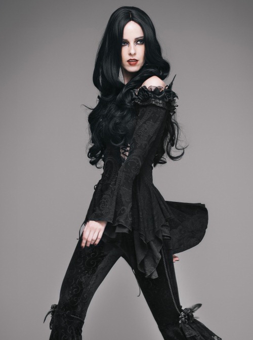 Gothic Flowers Collar Black Sexy Women's Off Shoulder Long Trumpet Sleeves T-shirt