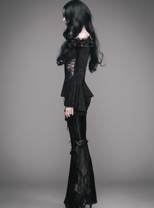Gothic Flowers Collar Black Sexy Women's Off Shoulder Long Trumpet Sleeves T-shirt