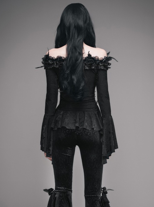 Gothic Flowers Collar Black Sexy Women's Off Shoulder Long Trumpet Sleeves T-shirt
