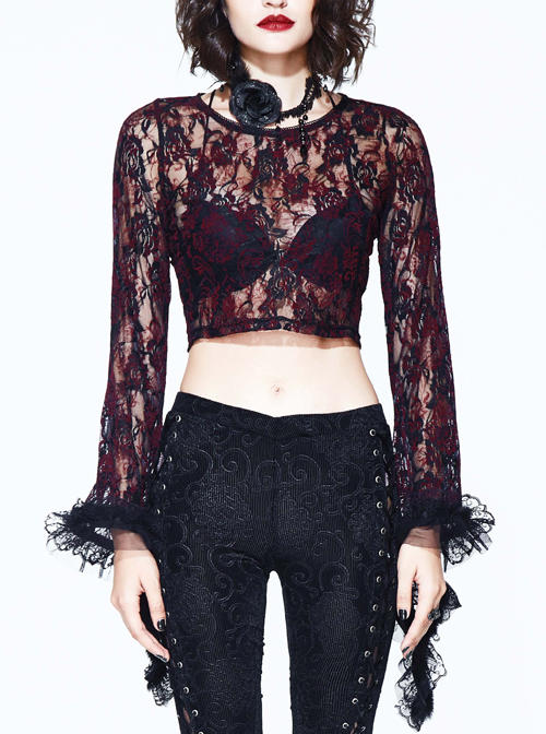 Gothic Visual Sexy Stitching Perspective Long Sleeves Red Lace Shirt